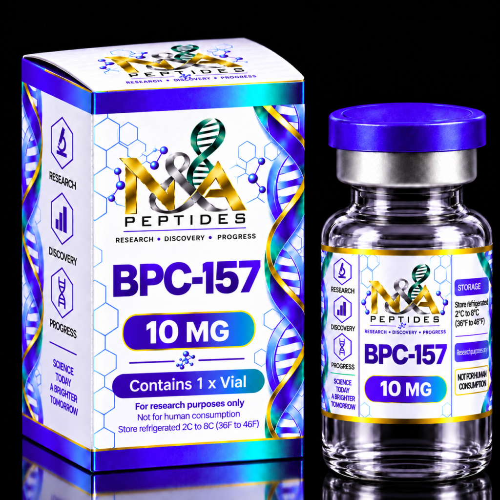 BPC-157 10mg research peptide vial and box – N&A Peptides